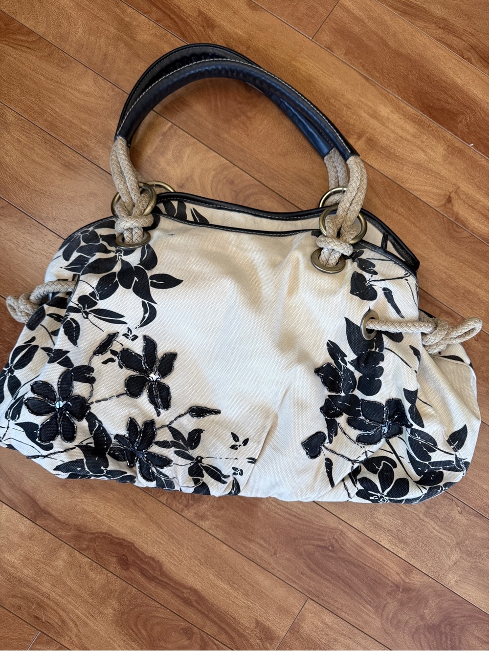 Nine West Cream & Black Floral Shoulder Tote with Rope Handles
